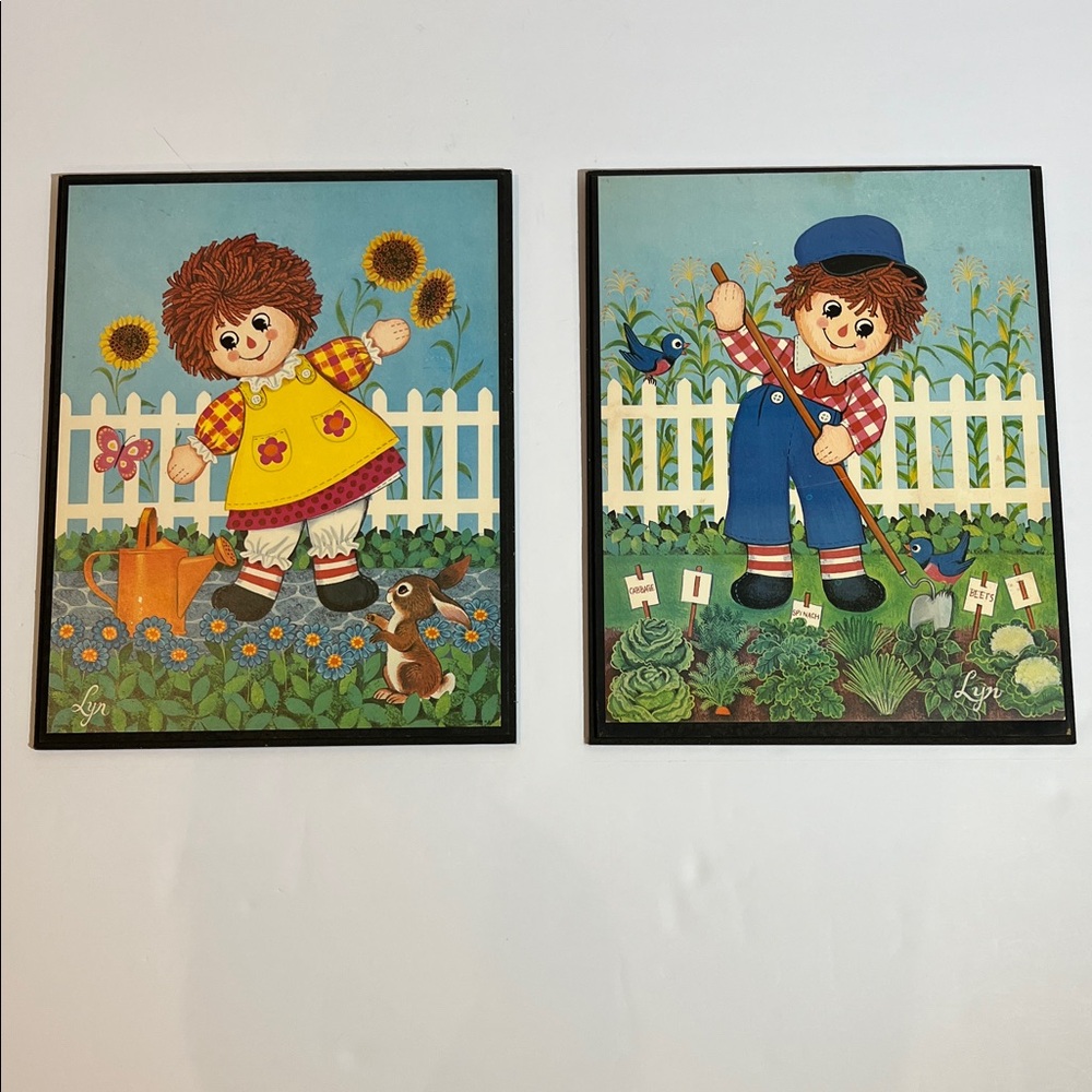 Vintage Raggedy Ann and Andy Wooden Art Prints 15” X 11”